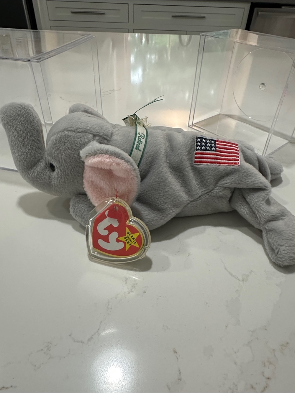 Ty Grey Elephant Plush “Righty” with Pink Ears and Green Tag RETIRED
